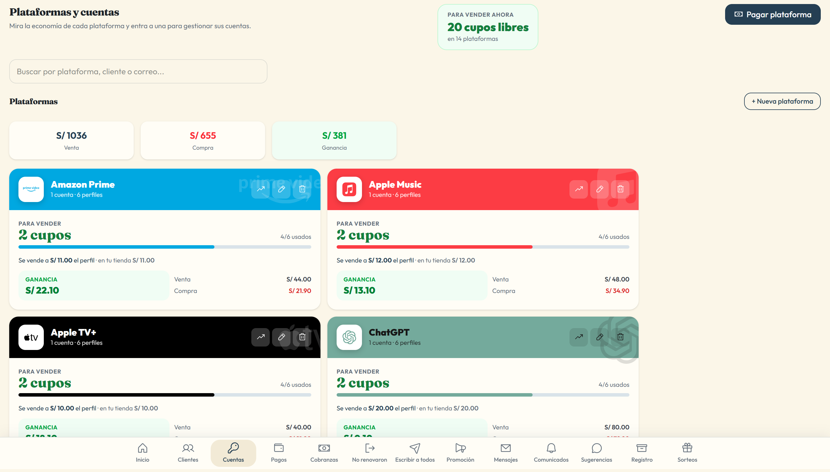 Pantalla de Cuentas: cada plataforma con sus cupos libres, venta, compra y ganancia
