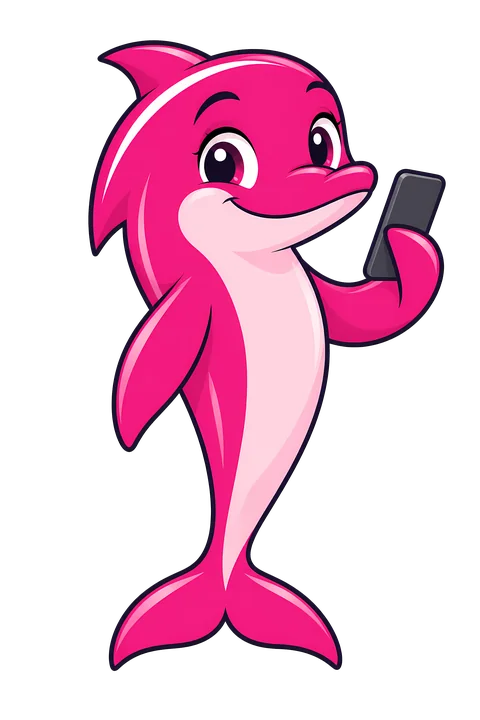 Delfi, la delfina rosa de la casa, mirando su celular